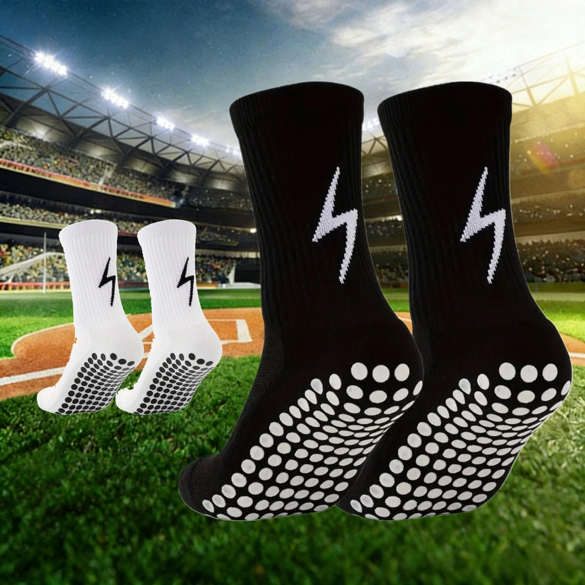 

2026 Football Match Ready Non-slip Soccer Socks Lightning Pattern Anti-blister Breathable Training Socks for Men Women Youth