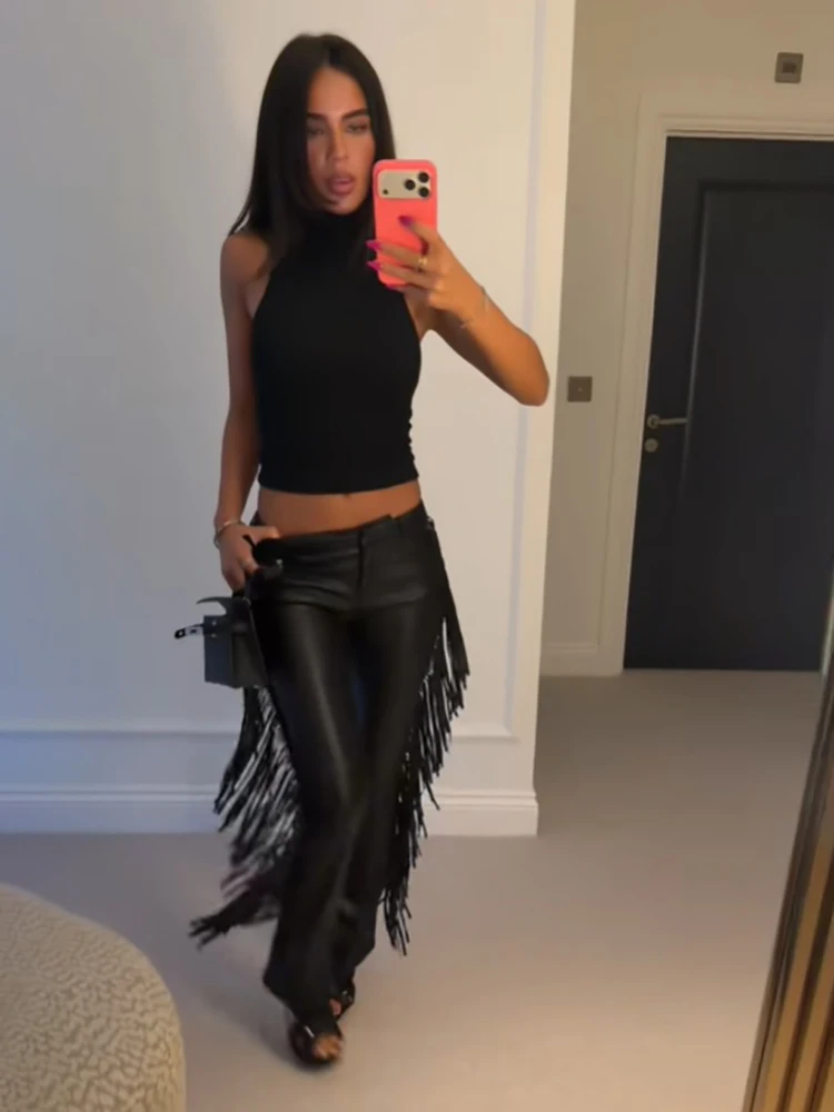 Y2k High Waist Fringe Faux Leather Flared Pants Women Side Tassel Design Slim Bootcut Leather Trouser Party Club Street Bottoms 2 Y2k High Waist Fringe Faux Leather Flared Pants Women Side Tassel Design Slim Bootcut Leather Trouser Party Club Street Bottoms 2