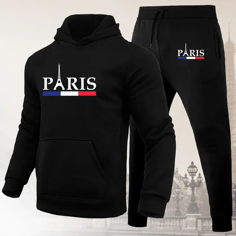 Men's sportswear set, Parisian printed hooded sweatshirt and sweatpants 2-piece set, men's hooded jogging pants set, casual stre
