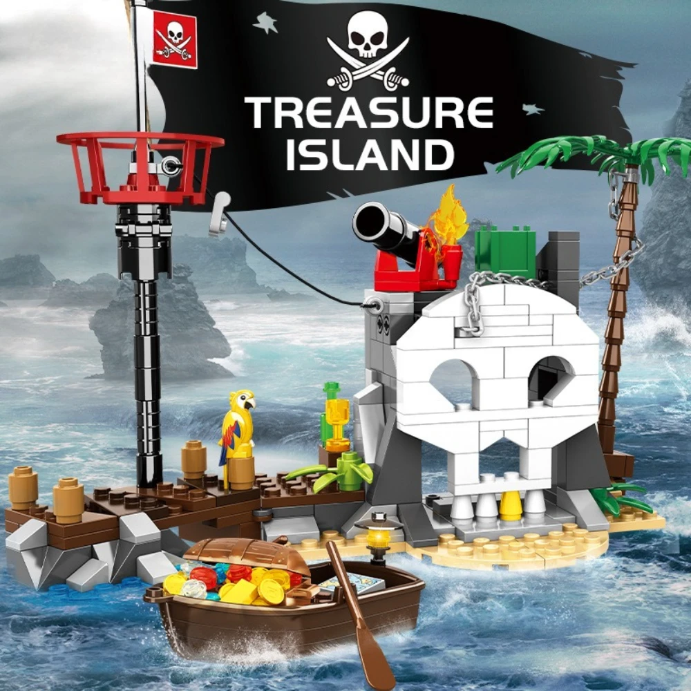 MOC 해골문섬 해적선 배 섬 확장 블록 세트 해변 보물 장난감 어린이 생일 휴일 선물