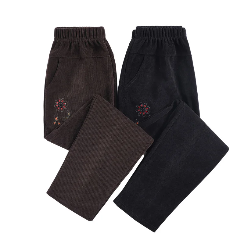 

Middle-aged Women Corduroy Trousers Fleece Velvet Thicken Warm Casual Pants Embroidery Large Size Straight Pants Autumn Winter