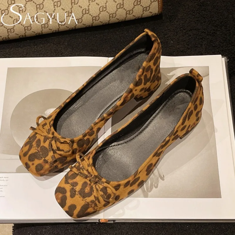 

Bow Ballet Marie Janes Shoes Square Toe Leopard Women Mid Heels Sandals 2025 Trend Shallow Loafers Summer Dress Zapatos Mujer