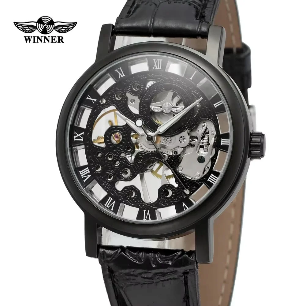 WINNER Fashion trend men's and women's watches leather strap hollow black dial automatic mechanical watches