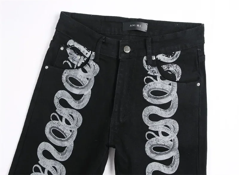 

Men's High Street Hip Hop Jeans Pants Snake Printed Streetwear Denim Trousers Stretchy Y2K Bottoms For Man Black