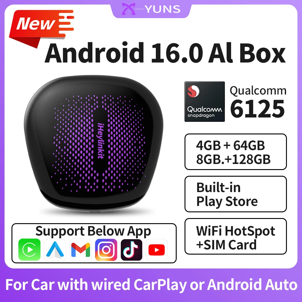 X-YUNS Беспроводной CarPlay Ai Box Android 16 Plug&Play со встроенным GPS и поддержкой 4G для автомобилей с проводным CarPlay и беспроводным Android Auto.