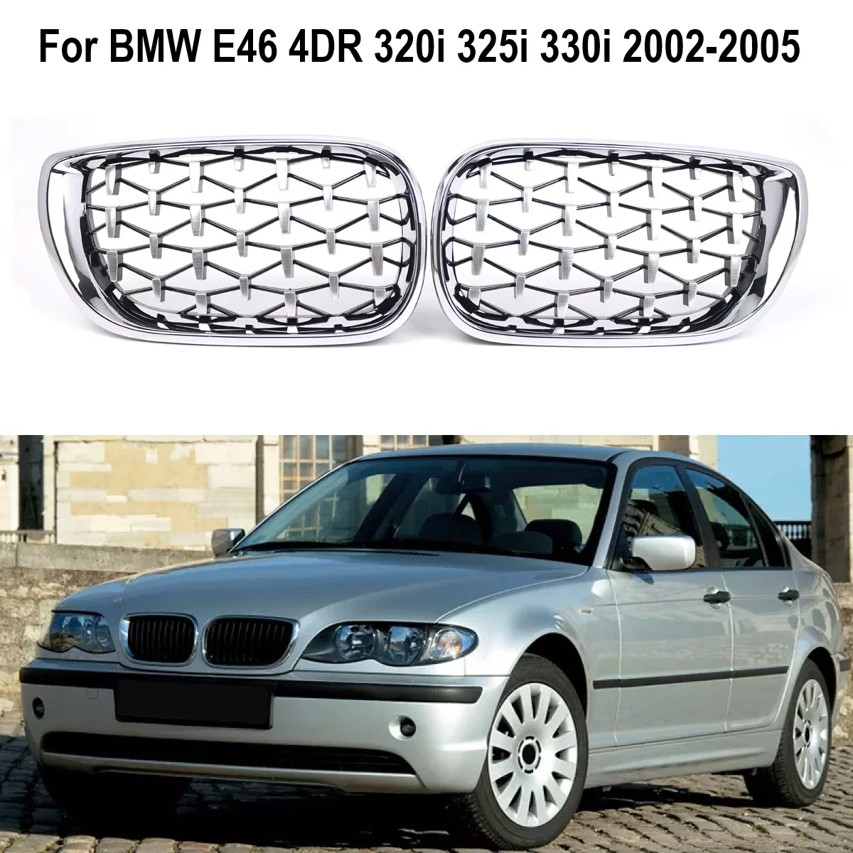 Car Front Bumper Hood Diamond 2pcs Front Kidney Grill Chrome Silver Grille For BMW E46 4DR 320i 325i 330i 2002 2003 2004 2005