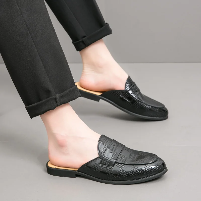 Summer Half Shoes For Men Leather Semi-Drag Casual Shoes Men's Loafers Slippers Mules Sandals Slip-On Backless Driving Shoes