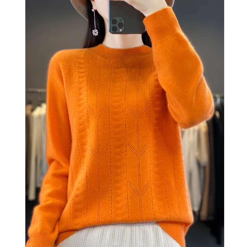 Autumn and Winter 2023 New Women\'s Half High Collar Pullover 100% Merino Wool Knitted Top Casual Loose Cashmere Sweater