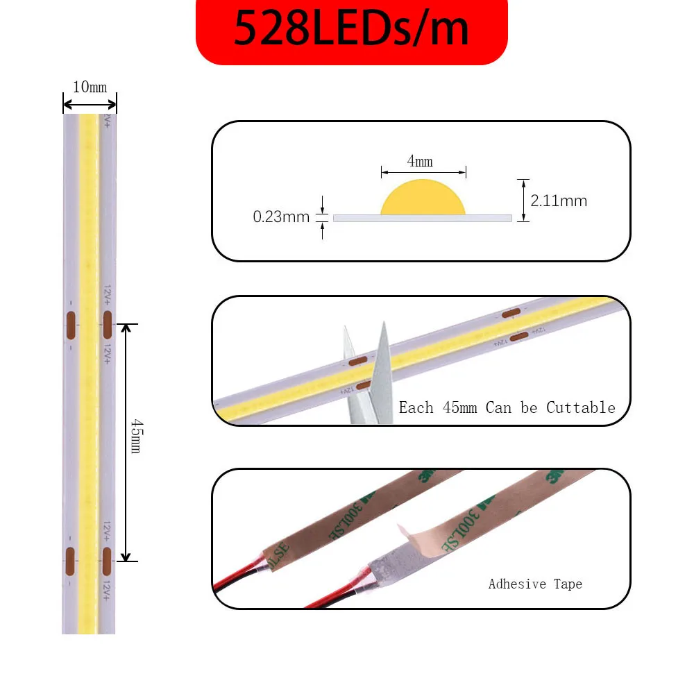 Imagem -03 - Cob Fob Led Strip Light 384 582leds m Alta Densidade Tiras Flexíveis 10 w 14w Ra80 Branco Branco de Natureza Branco Quente dc 12 24v