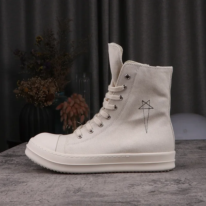 24ss Designer Brand Rick Canvas Shoes Pentagram Embroidery Owens Shoes For Women Lace-up White High-Top Casual RO Male Sneakers