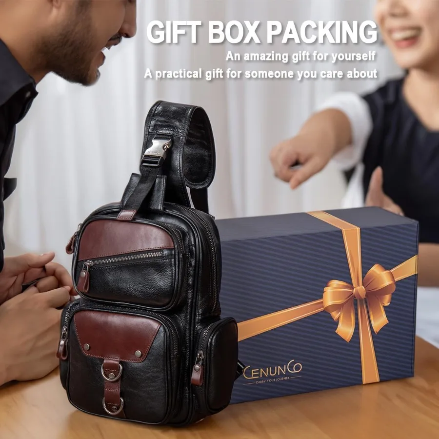 حقيبة كتف من الجلد الطبيعي للرجال حقيبة كتف كبيرة عبر الجسم حقيبة ظهر كاجوال بحمالة مضادة للسرقة ومحفظة صدر للسفر #2