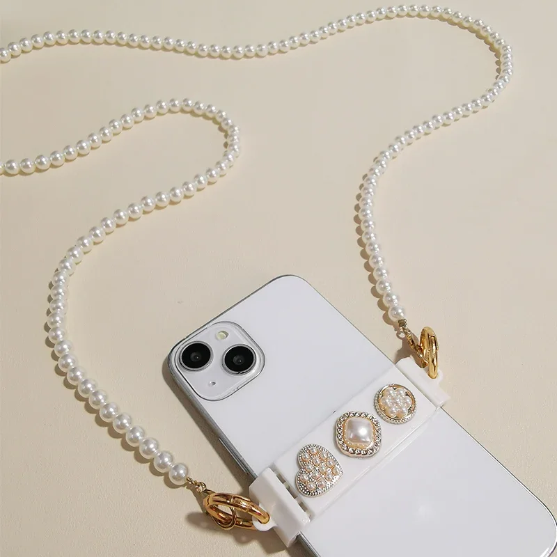 

Phone Lanyard Long Pearl Chain Phone Back Clip Crossbody Can Shoulder Back Hand-beaded Phone Clip Children's Love Flower Chain