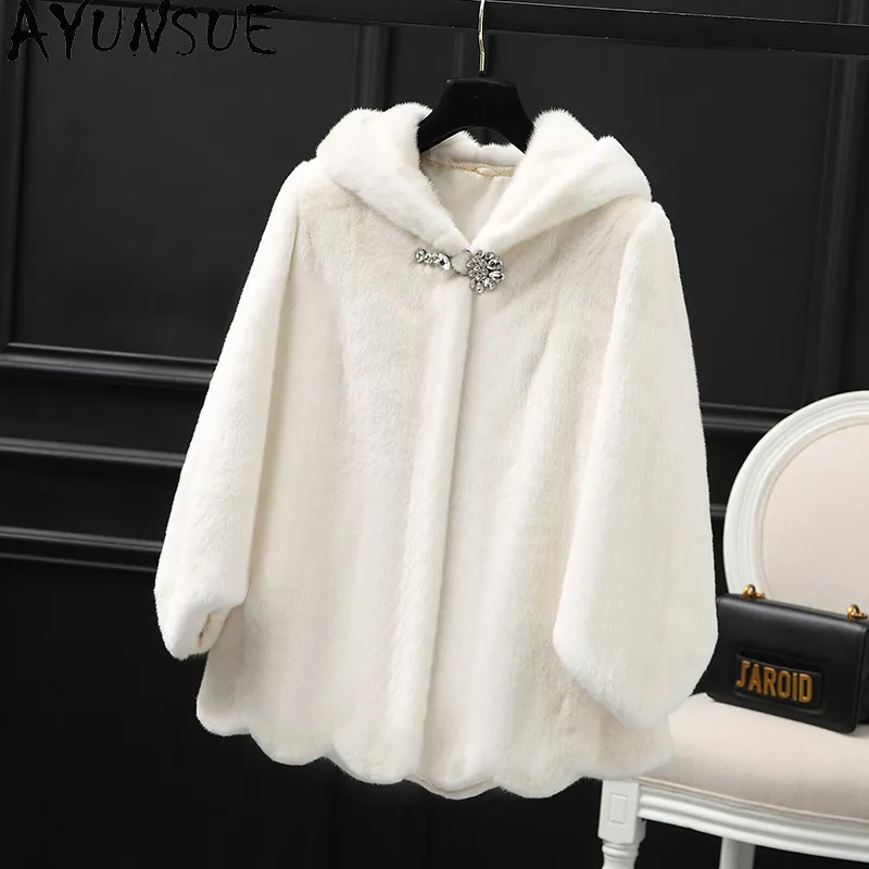 

Шуба из цельного меха норки AYUNSUE, женская зимняя куртка с капюшоном, верхняя одежда в корейском стиле, элегантная женская одежда, женская куртка