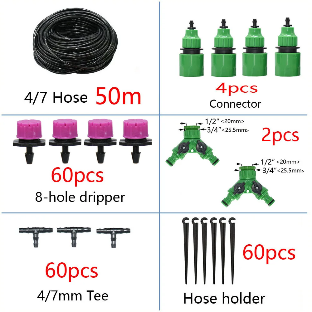 50M-5M DIY Drip Irrigation System Automatic Watering Garden Hose Micro Drip Watering Kits with Adjustable Drippers