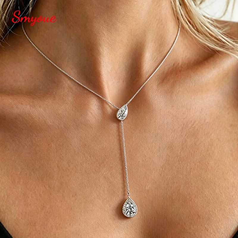 Smyoue 1CT Pear Cut Moissanite Necklace for Women Y Shape Pendant Birthday Gift Wedding Fine Jewelry S925 100% Sterling Silver