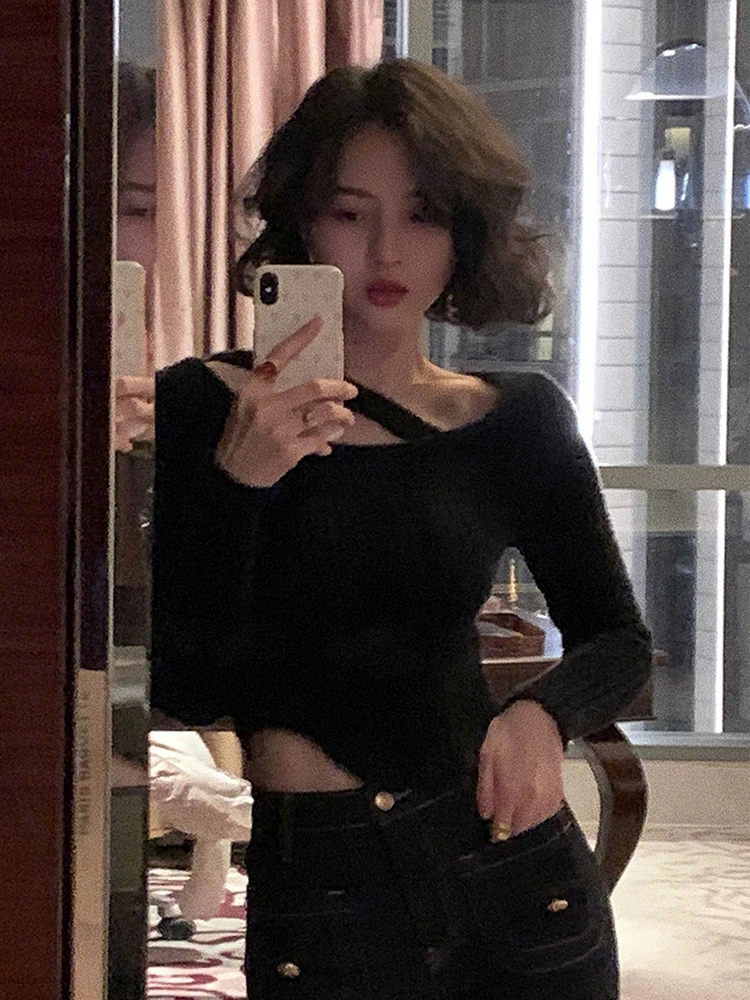 

Retro Design Irregular Knitted Long Sleeve Women's Base Shirt Autumn Winter Furry Slim Fit Hoodie Commute Style Color