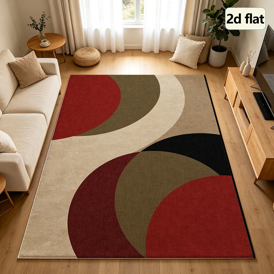 Mid Century Abstract Curved Circle Carpet Flooring, Red Olive Beige Retro Geometric Area Rug Non‑Slip Floor Mat for Living Room Bedroom Home Decor
