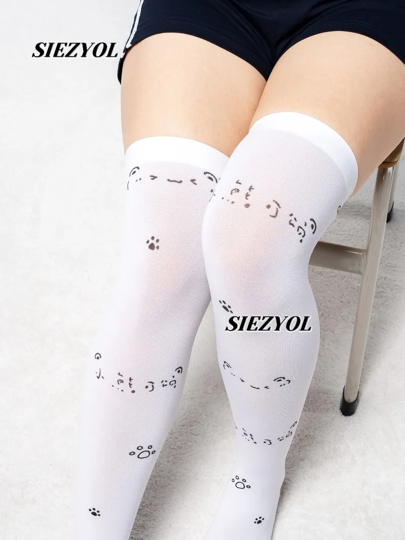 Versatile White Printed Knee Socks Spring and Summer New Thigh High Long Socks Sweet and Cute Girl Kawaii Velvet Stockings