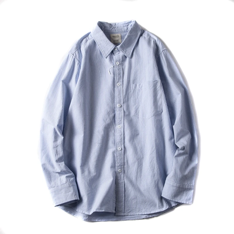 Japanese Vintage Long Sleeve Men\'s Casual Shirt Pure Cotton Oxford Weave Spring Autumn Versatile Washed Stripes Loose Fit Shirt