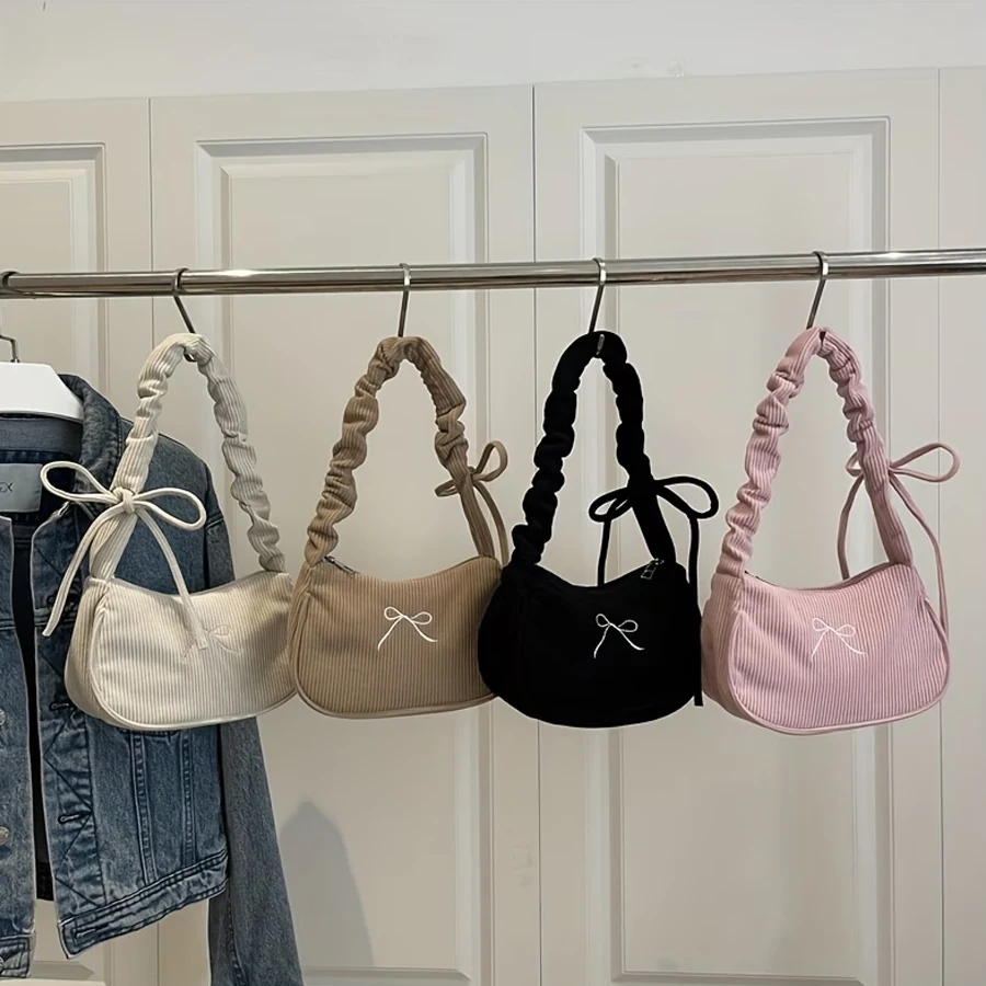 A Corduroy Women's Elegant Shoulder Bag. Bowknot Embroidery Accessories - Adjustable Shoulder Strap - Zipper Closure - Polyester Lining - Can Be Worn on One Shoulder - Can Be Carried by Hand - Cute and Compact Underarm Bag for Women - Suitable for Various Occasions - Women's Shoulder Bag Suitable for Teenagers