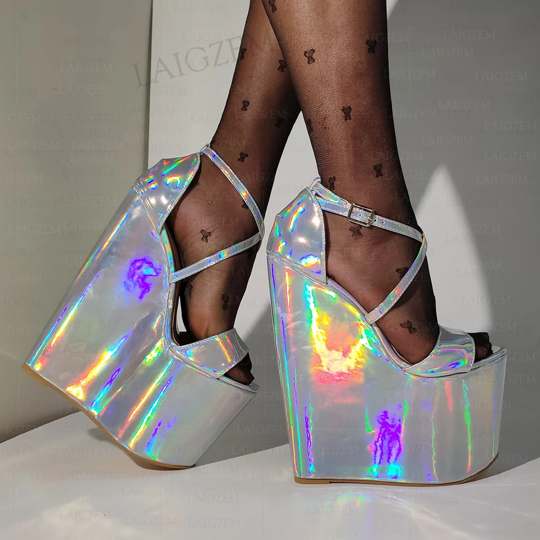 

ZHIMA Women Platform Wedges Sandals Holographic 20CM High Heels Pumps Party Show Handmade Ladies Shoes Woman Big Size 41 46 47