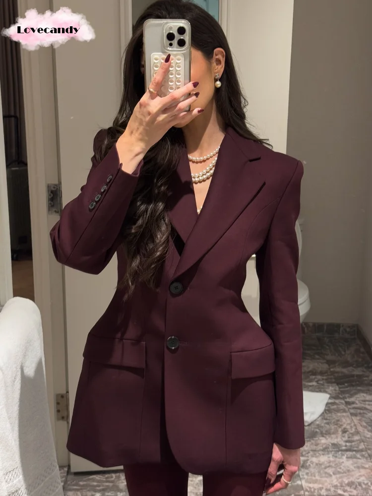 Elegant Burgundy Lapel Single Breasted Short Suit Women Fahion Button Long Sleeves Pocket Coat 2025 New Office Commuting Jacket