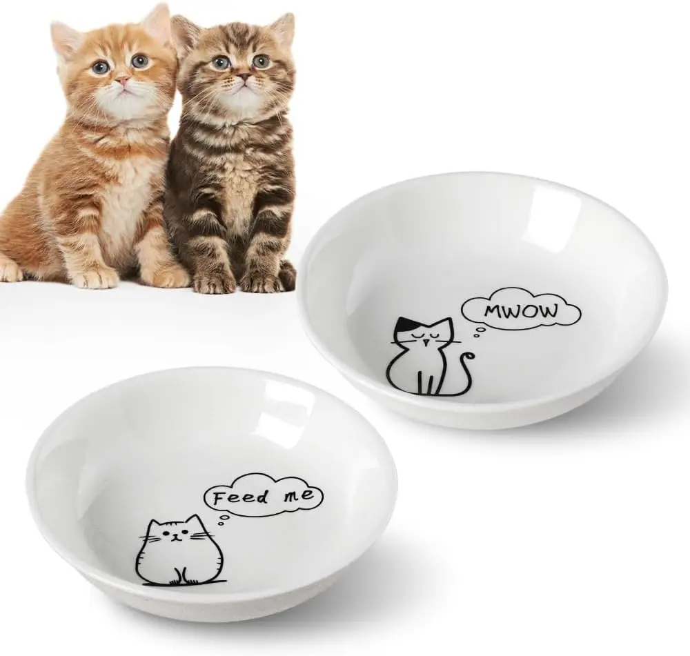 2pcs Little Cat Bowls,5Inch Cat Food Bowl for Indoor Cats,Cute Kittens Plate/Dish/Dishes Set with Non-Slip Relief of Fatigue for