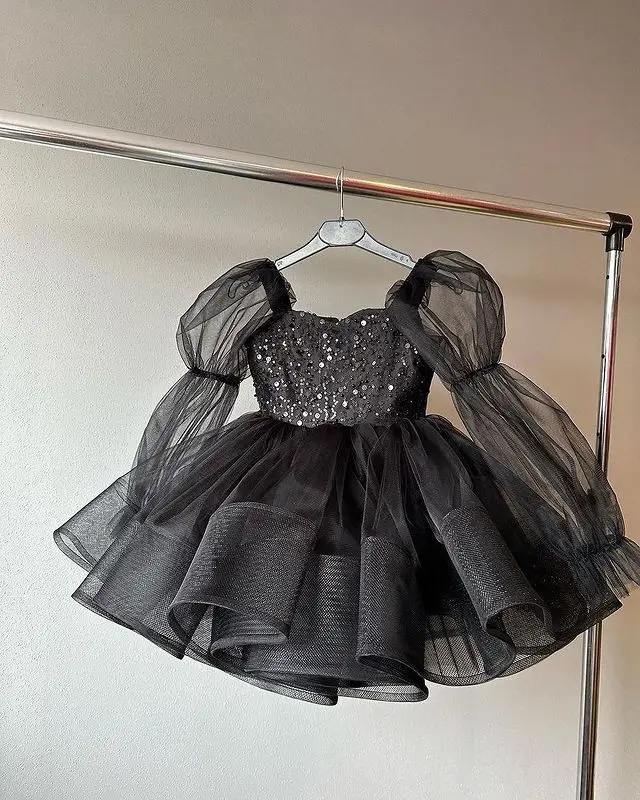 SoDigne A-line Abito da ragazza di fiore nero Maniche lunghe Gonna in tulle con paillettes Abiti da festa per ragazze 2025 Abito lungo per bambini personalizzato