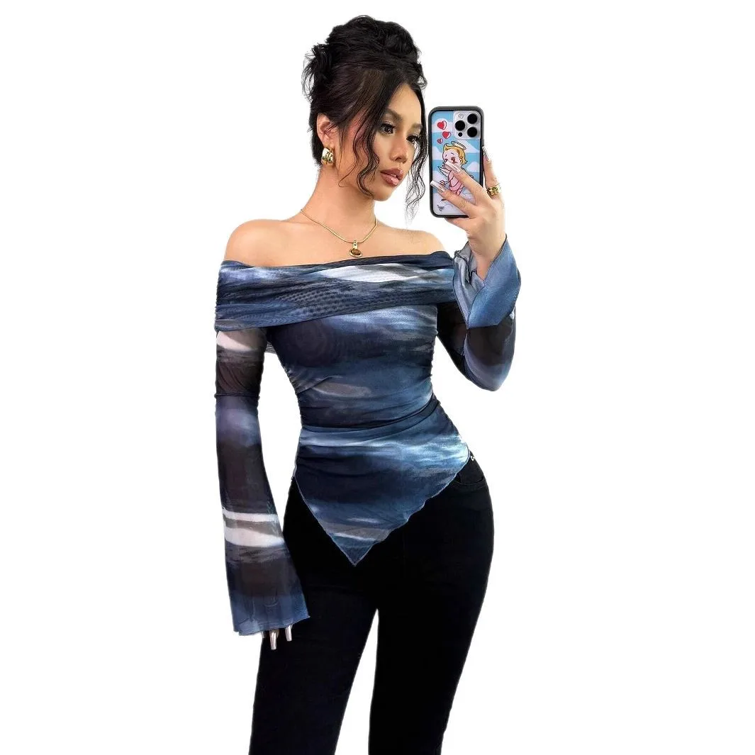 2026 New  Knitted Mesh Printing One-word Collar Off-shoulder Long-sleeved Slim-fit T-shirt Top Women's Cw19795