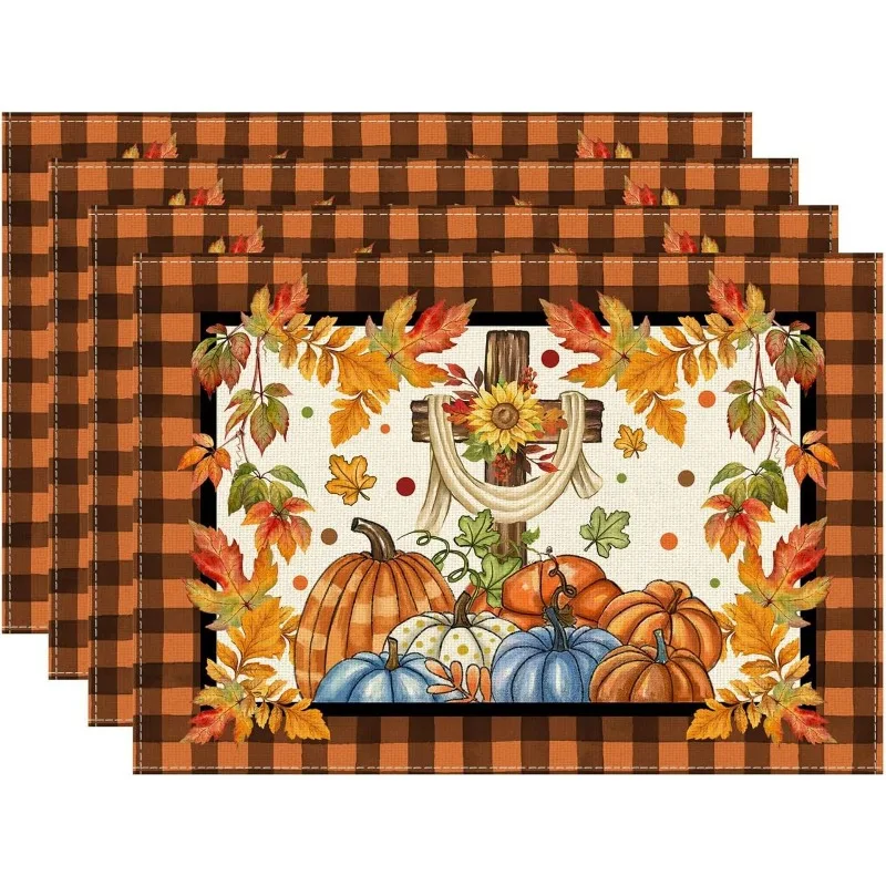 Fall Placemats Table Mats Autumn Leaf Pumpkin Buffalo Plaid Print Dining Table Decor for Thanksgiving Kitchen Home