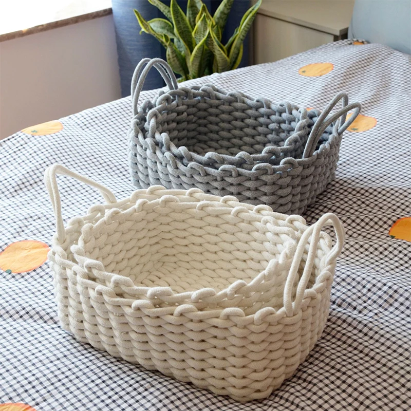 Hand-woven Thick Cotton Rope Storage Box Sundries Cosmetic Organizer Desktop Toy Snacks Storage Basket Container White/Grey