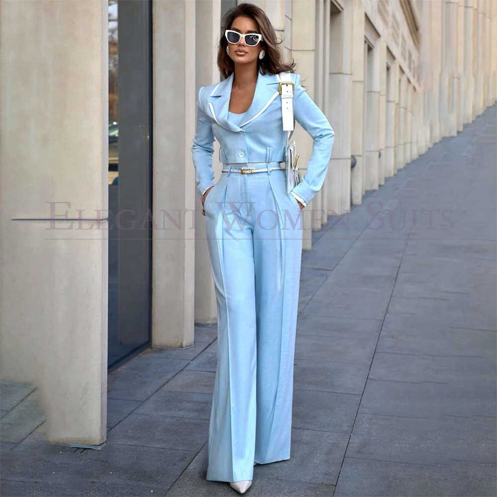Cropped Blue Women's Suits Fashion Single Breasted Notch Lapel Blazer High Quality 2 Piece Jacket With Pants Clothing