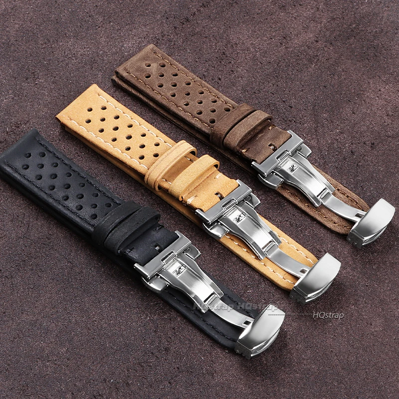 Vintage Genuine Leather Watch Strap 18mm 20mm 22mm with Butterfly Buckle Universal Cowhide Watchband Breathable Sport Wristbelt