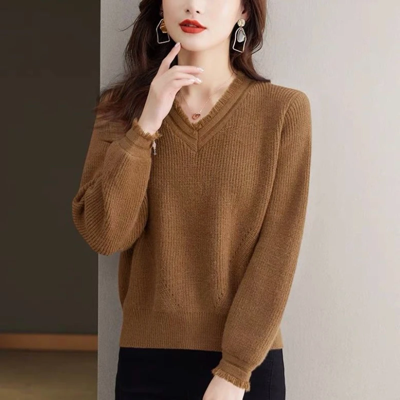 Women's Clothing Autumn Winter V-Neck Solid Color Pullover Lantern Long Sleeve Sweater Knitted Elegant Casual office lady Tops