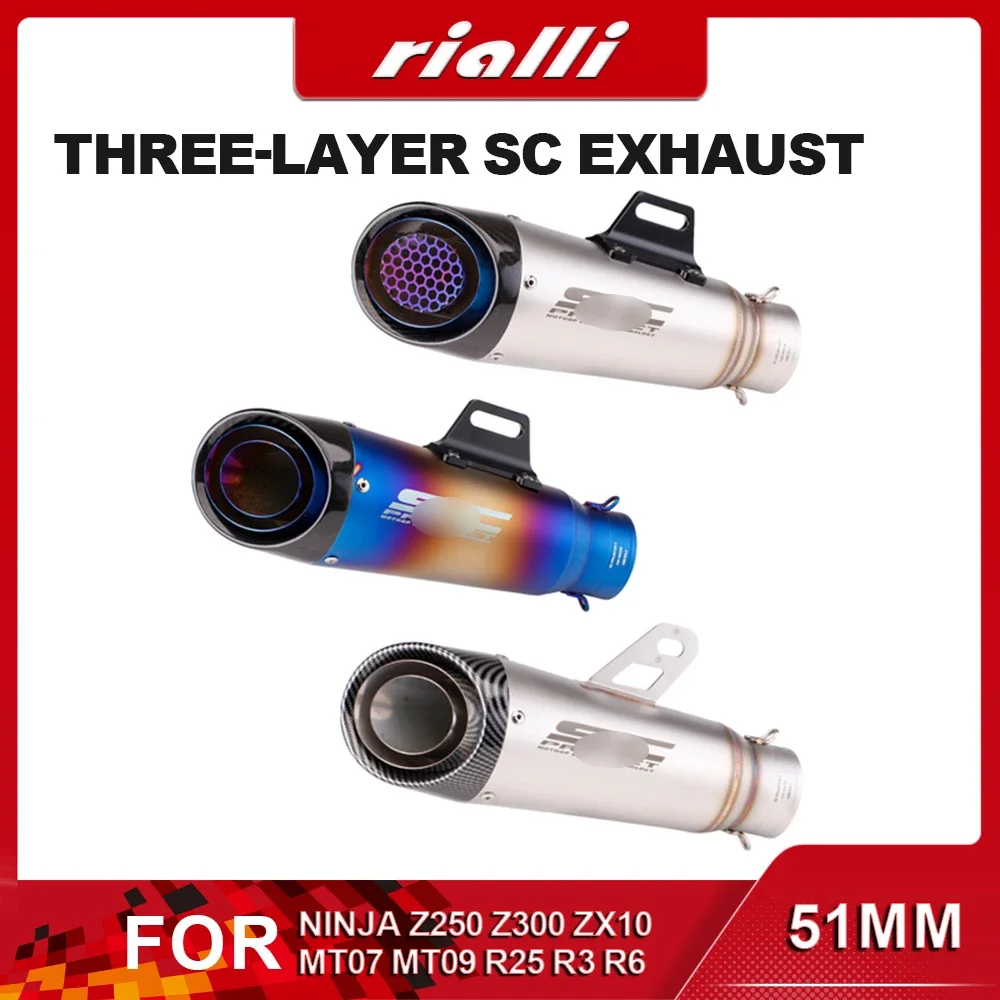 51mm Motorcycle Exhaust Pipe Escape Three-Layer SC Exhaust Muffler With DB Killer For Z400 Z650 Z900 R1 R3 R25 MT07 MT09 CBR600