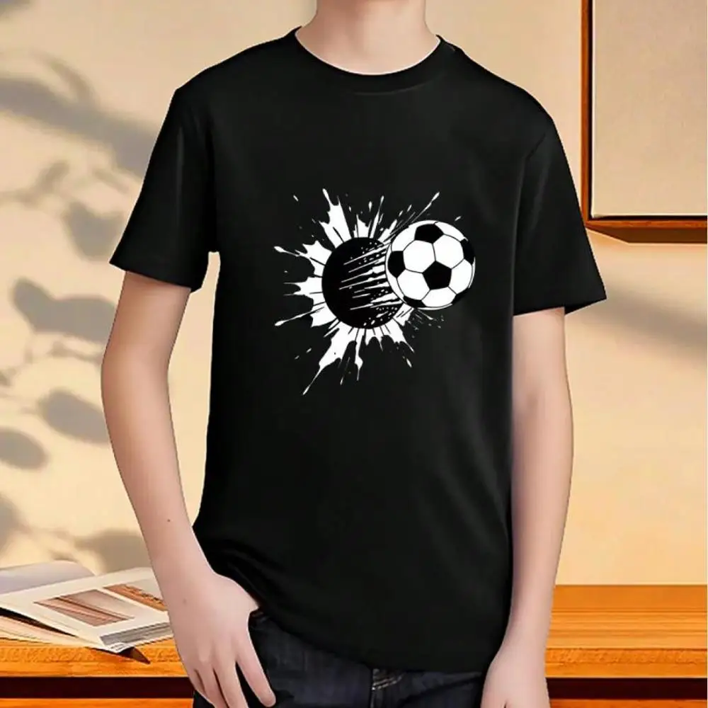 Boys Soccer Short-Sleeve T-Shirt With Football And Goalpost Print - Blue And White Jersey Design, Suitable For Ages 5-12, Breathable Summer Sport