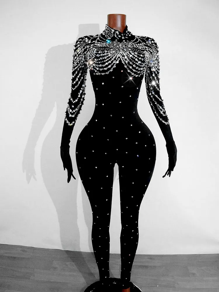 

Women Sexy Nightclub Evening Party Bar Drag Queen Singer Dancer Stage Performance Gogo Dance Costume Rhinestone Stretch Jumpsuit