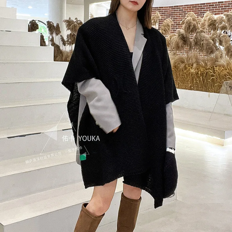 

Women Korean Version Faux Cashmere Outer Streetwear Cloak Winter Warm Shawl Long Cape Criss-Cross Loose Knitted Poncho Cappa