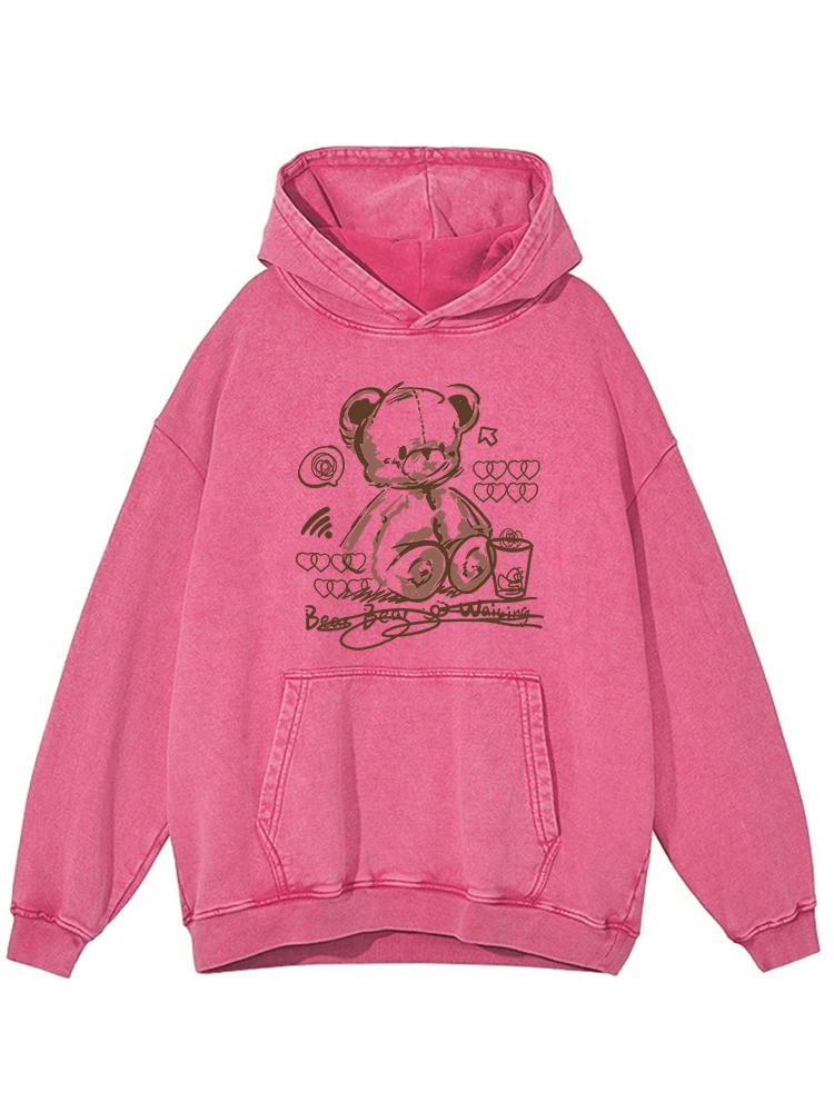 

Graffiti Kawaii Teddy Bear Printed Washed Distressed Hoody Womens Autumn Warm Cotton Hoodie Simple Oversize Casual Top Female