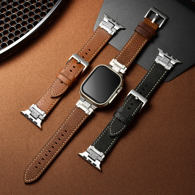 Cinturino stile meccanico modello Litchi per Apple Watch Ultra 2 cinturino in pelle vintage per adattatori iWatch dal design raffinato e durevole 46 mm