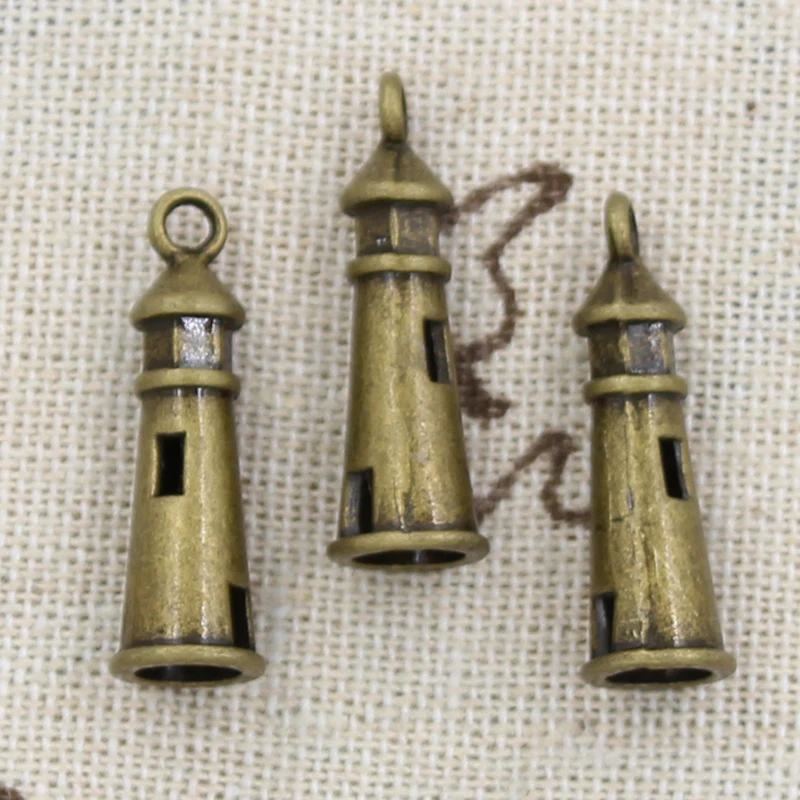 20pcs Charms Hollow 3D Lighthouse 25x8mm Antique Bronze Silver Color Pendants Making DIY Handmade Tibetan Bronze Jewelry