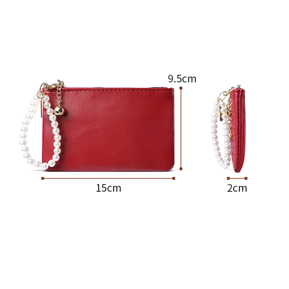 Small Leather Zipper Wallet - Keychain Clover Charm Red/Brown Pearl Bracelet Card Cash Key Organizer