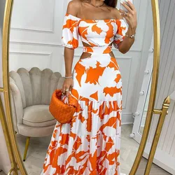 Sexy Women's dresses  Off Shoulder Print Hollow Lace Up Large Swing Dress  Short Sleeve High Waist Dresses Robes