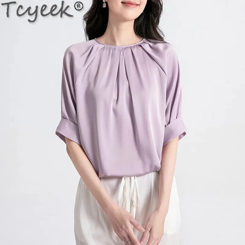 100% Tcyeek Mulberry Silk T-shirt Elegant Tops Summer Clothes Soft Loose Fit Blouse Solid Color T-Shirts for Women أقمصة بتصاميم