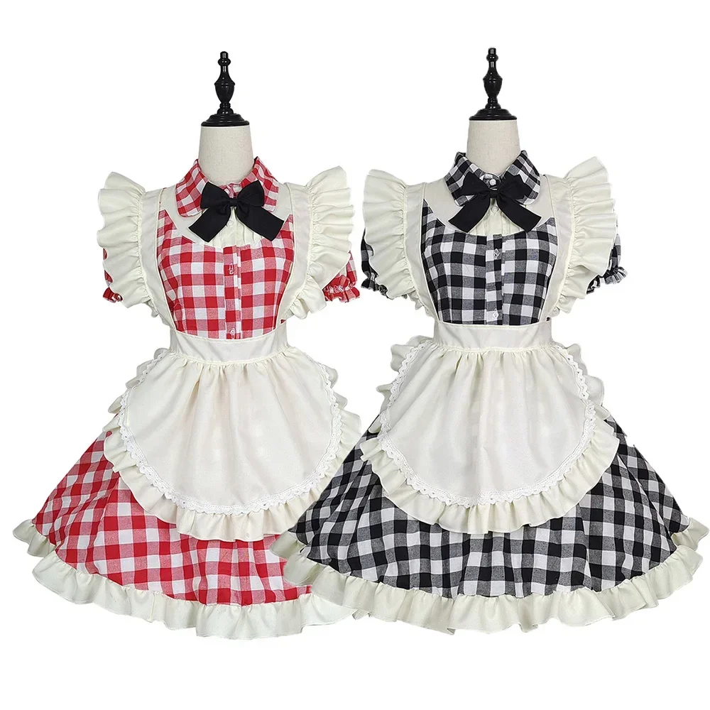 Cute Lolita Plaid Maid Dress Cosplay Check Maid Waitress Costumes