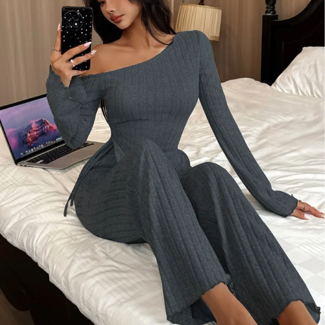 

Women Pajamas Set Women's Pajamas Autumn and Winter Fashion Sexy Off-Shoulder Irregular Long Sleeves Pants Loungewear Suit Women