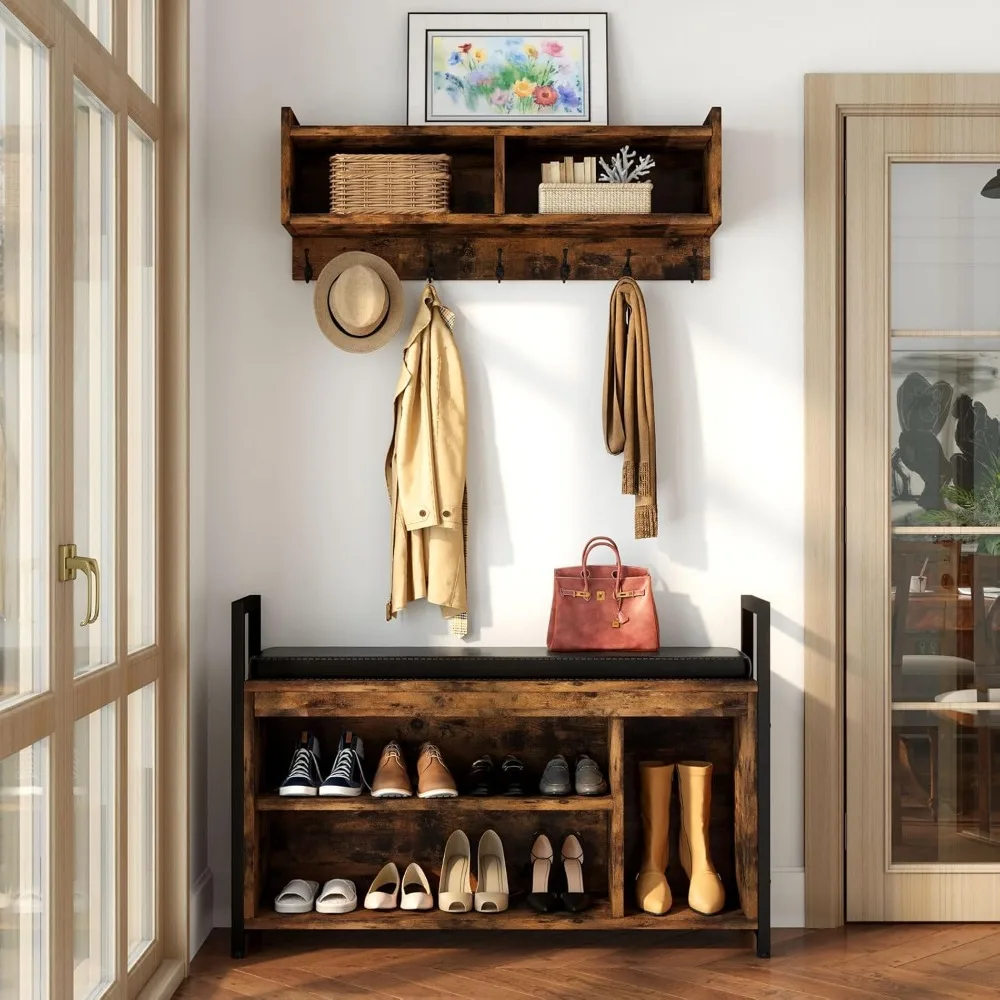

Coat Rack Shoe Bench Set, Wall Coat Rack w/Shoes Storage, Entryway Shoe Bench & Coat Rack, 2 Storage Cubbies & Lip Top