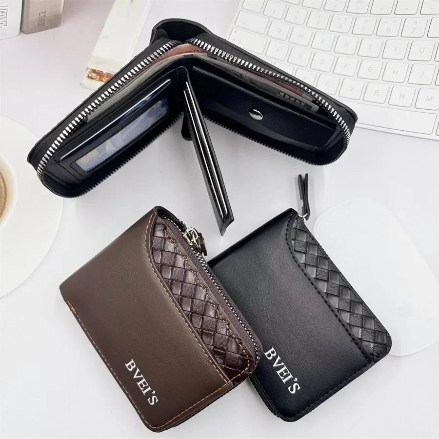 1 pc Leather Men’s Wallet Luxury Mens Purse Male Zipper Card Holders with Coin Pocket Rfid Wallets Gifts for Men Money Bag