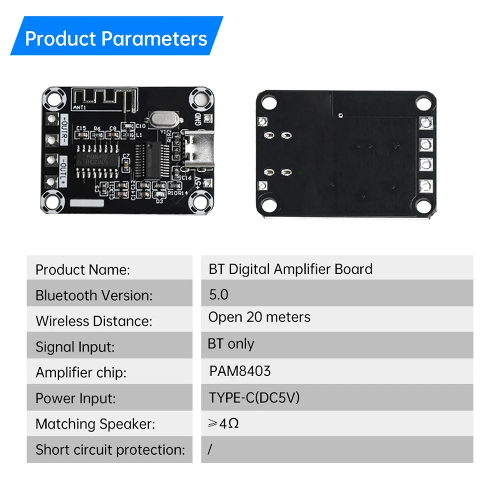 DC5V 5W+5W Bluetooth Power Amplifie Module PAM8403 Stereo Class D Audio Power Amplifier Chip BT5.0 Support 4-8ω Speaker