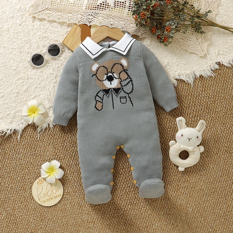 

Детские комбинезоны, вязаный комбинезон для новорожденных девочек и мальчиков, с длинными рукавами и запахом для ног, осенняя одежда для малышей, однотонный комбинезон с милым медведем для детей 0-9 месяцев, комбинезон